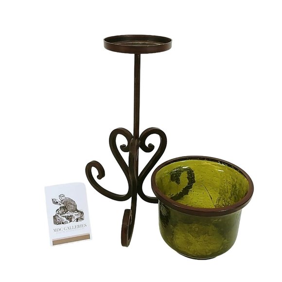 Candle Holder Heavy Scroll Steel Stand Green Crackle Glass Wind Shade 17" - Picture 4 of 8